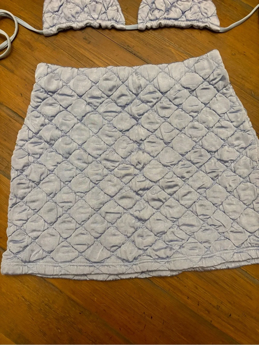 NWT Frankie’s bikinis quilted blue puff triangle top and skirt set